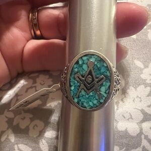 Masonic Inlay Turquoise Silver Tone Ring, Men’s Size 13.5, very good condition